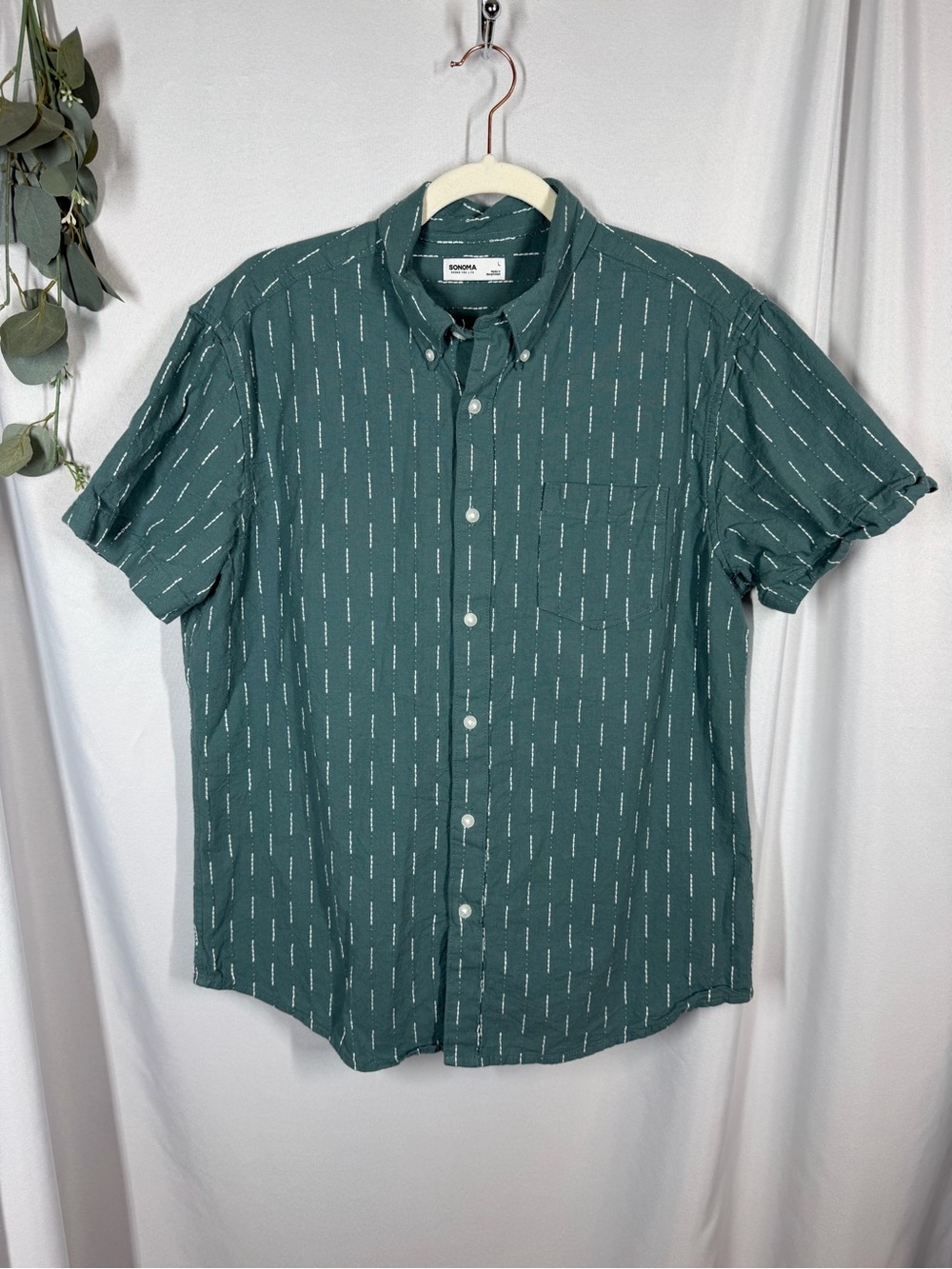 Sonoma | 100% Cotton Green White Button Down Short Sleeve Size Large